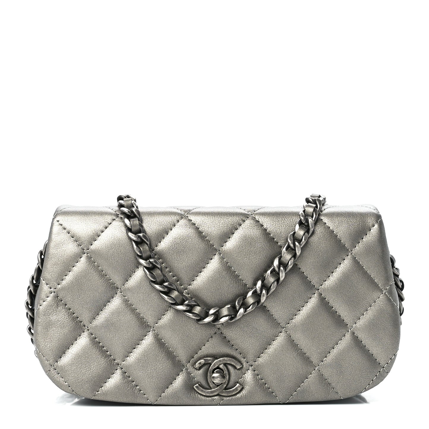 Metallic Calfskin Quilted Flap Clutch With Chain Ruthenium