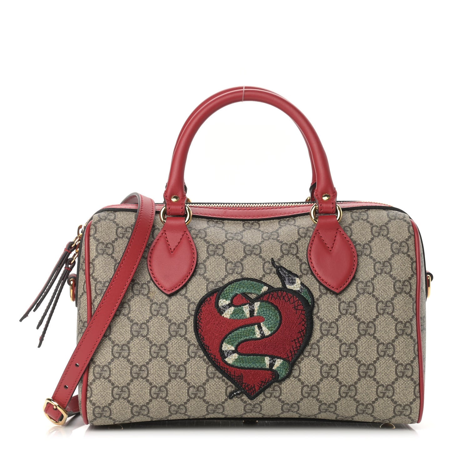 GG Supreme Monogram Kingsnake Heart Embroidered Small Boston Red