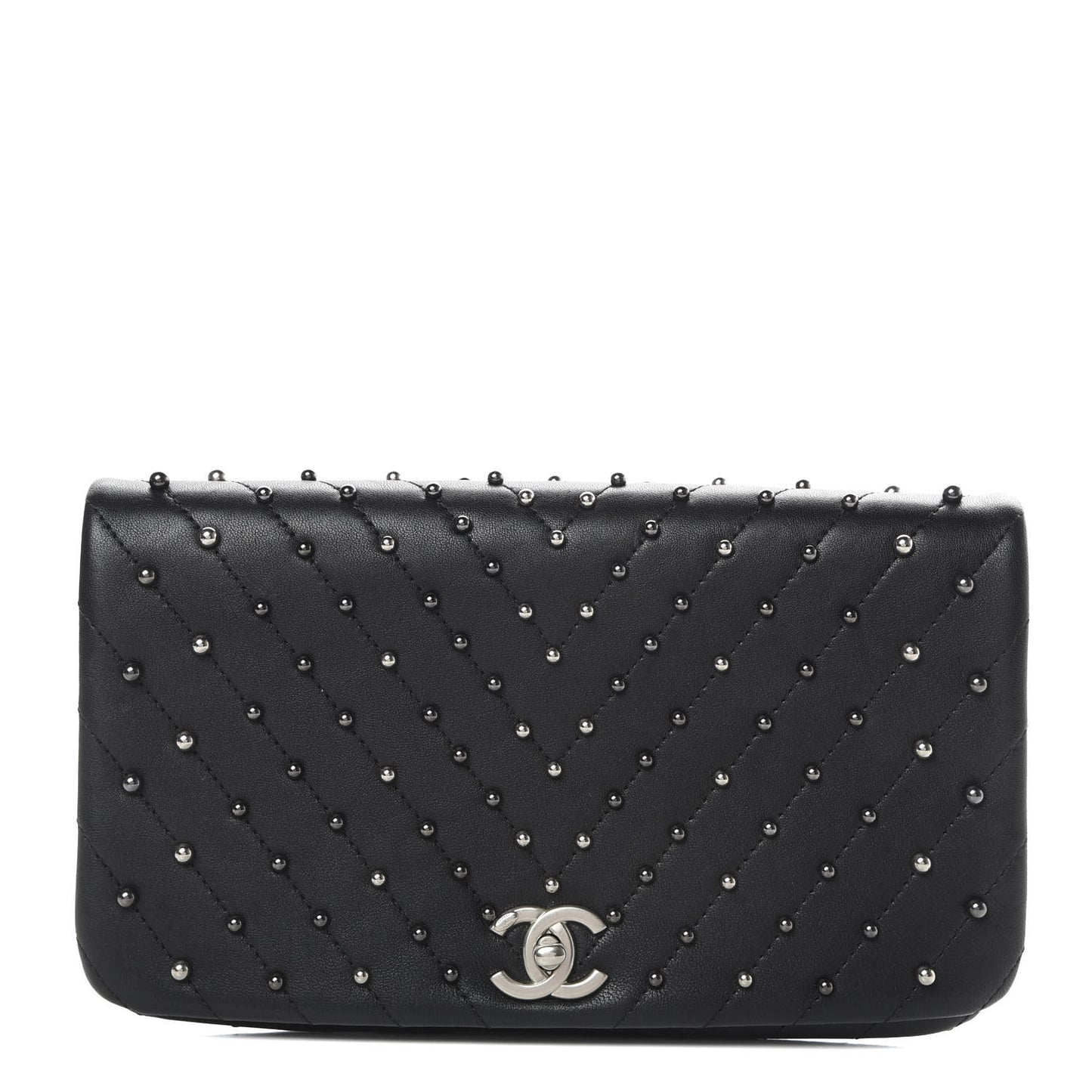 Lambskin Chevron Quilted Studded Stud Wars Flap Clutch Black