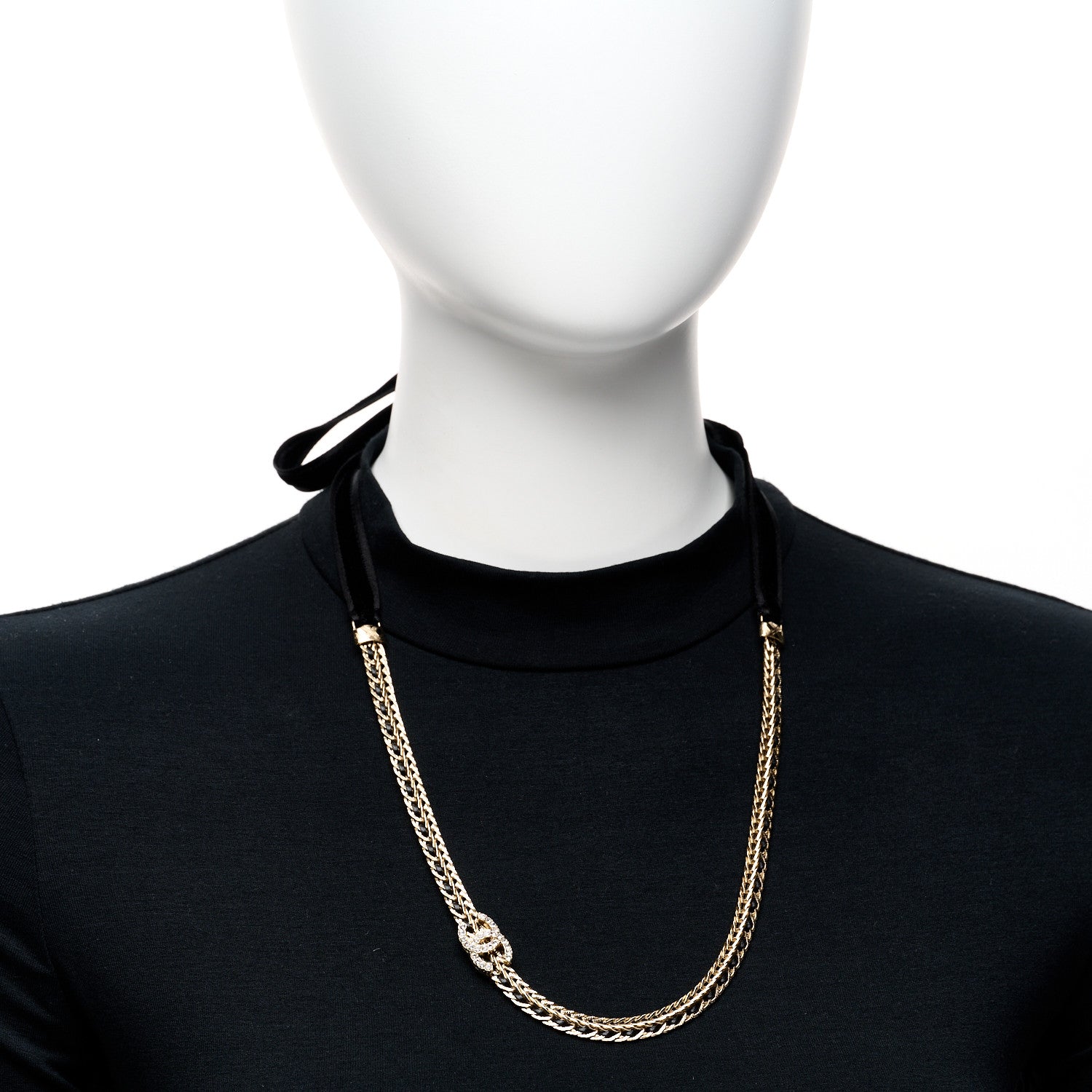 Chanel Metal Lambskin Crystal CC Chain Tie Headband Gold Black 2 of 5