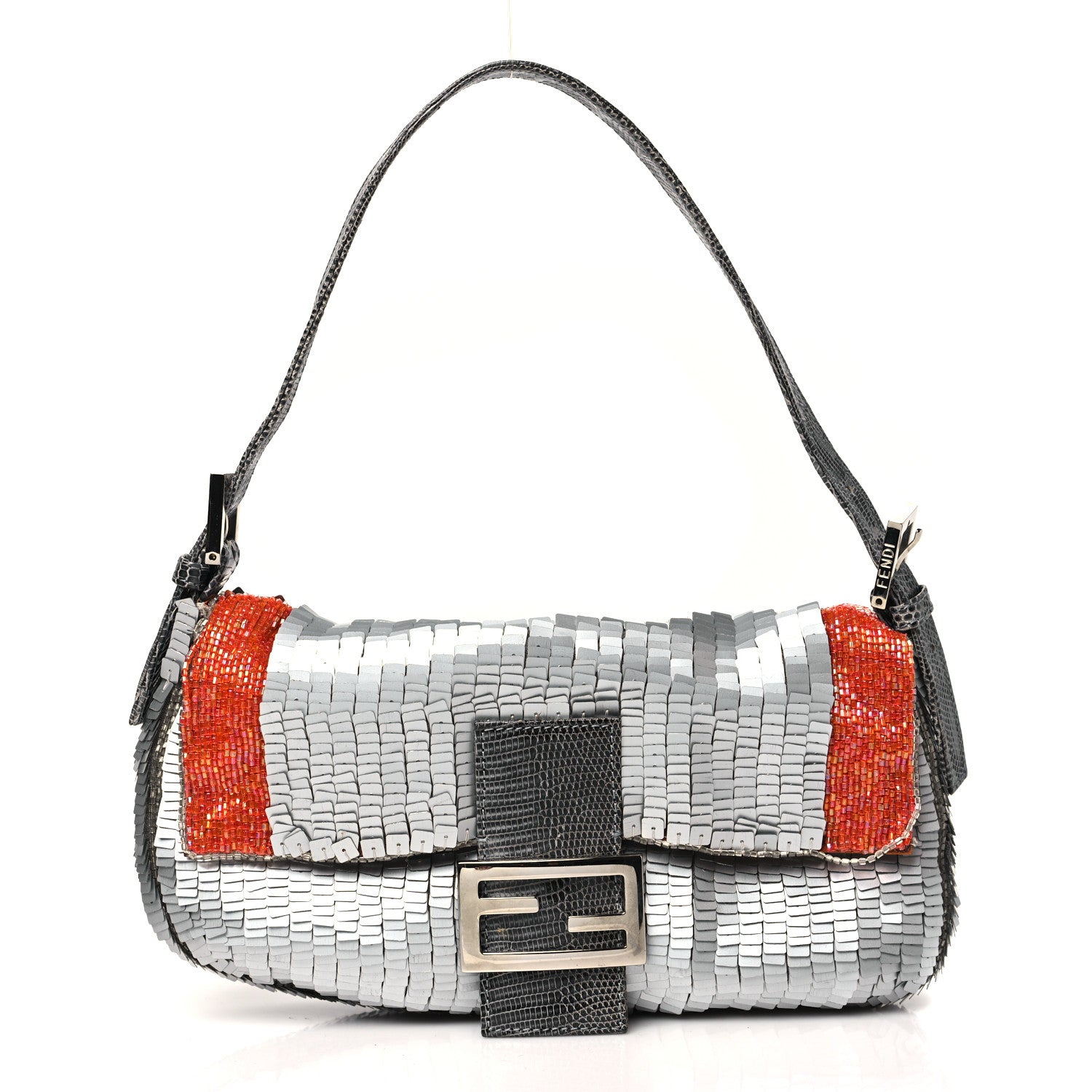 Fendi Sequin Beaded Lizard Baguette Silver Orange 1 of 12