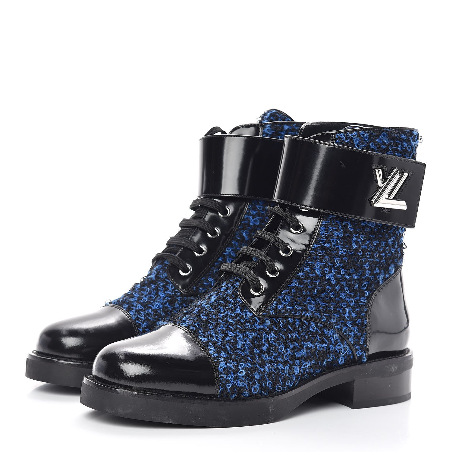Louis Vuitton Tweed Calfskin Wonderland Ranger Boots 38.5 Blue Black 3 of 8