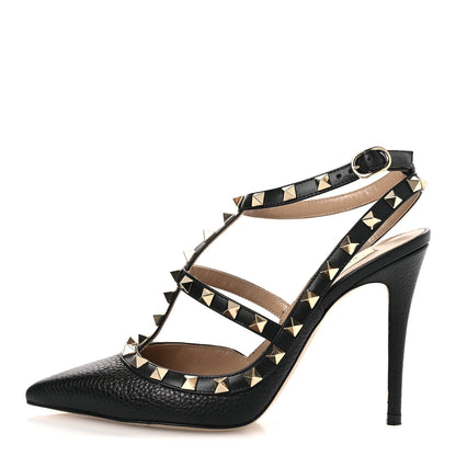 Valentino Garavani Pebbled Calfskin Rockstud Ankle Strap 100mm Pumps 37.5 Black 1 of 12