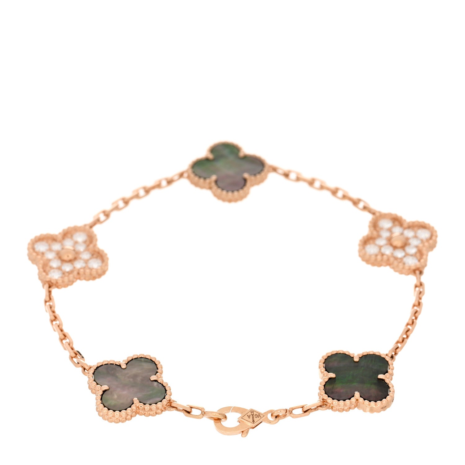 Van Cleef & Arpels 18K Rose Gold Diamond Gray Mother of Pearl 5 Motifs Vintage Alhambra Bracelet 2 of 3