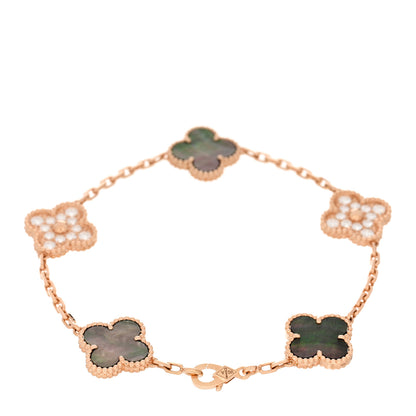 Van Cleef & Arpels 18K Rose Gold Diamond Gray Mother of Pearl 5 Motifs Vintage Alhambra Bracelet 2 of 3