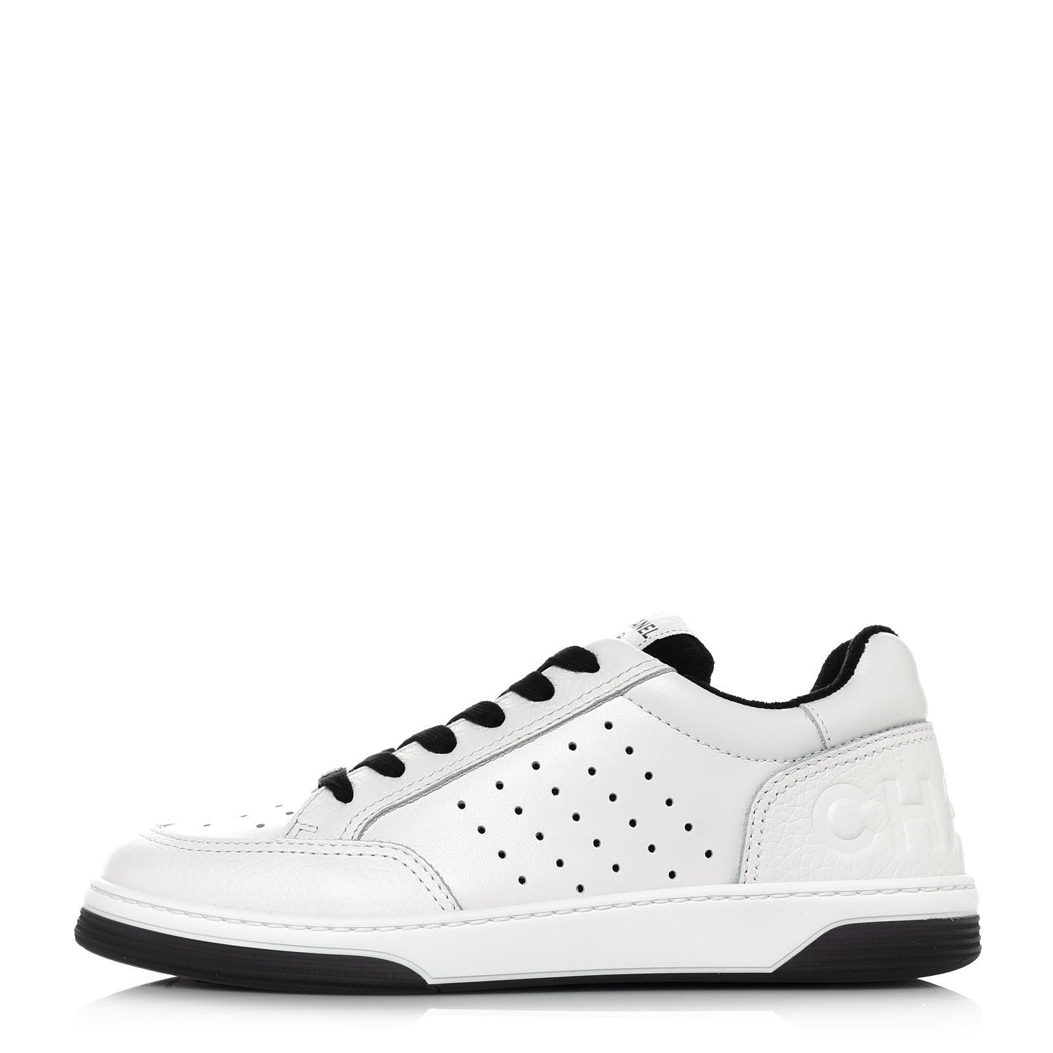Chanel Grained Calfskin Fabric Womens Logo Sneakers 38.5 White Black 1 of 10