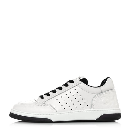 Chanel Grained Calfskin Fabric Womens Logo Sneakers 38.5 White Black 1 of 10