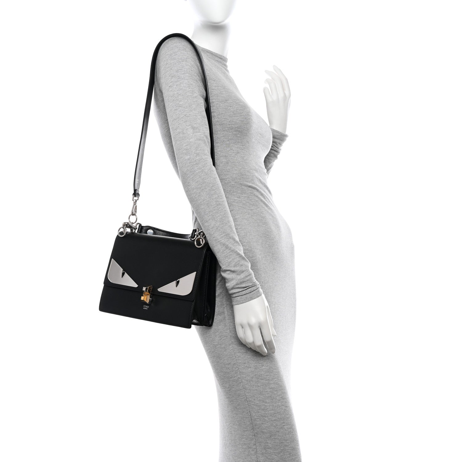Fendi Vitello Liberty Lucido Metal Monster Eyes Studded Kan I Shoulder Bag Black 3 of 11