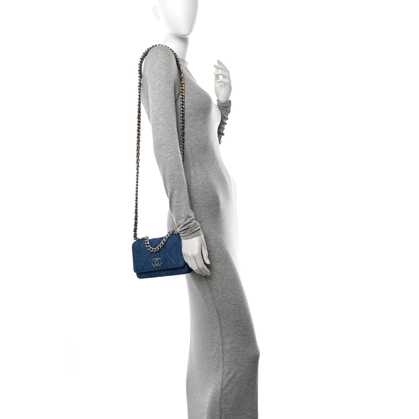 Denim Quilted Chanel 19 Wallet On Chain WOC Blue