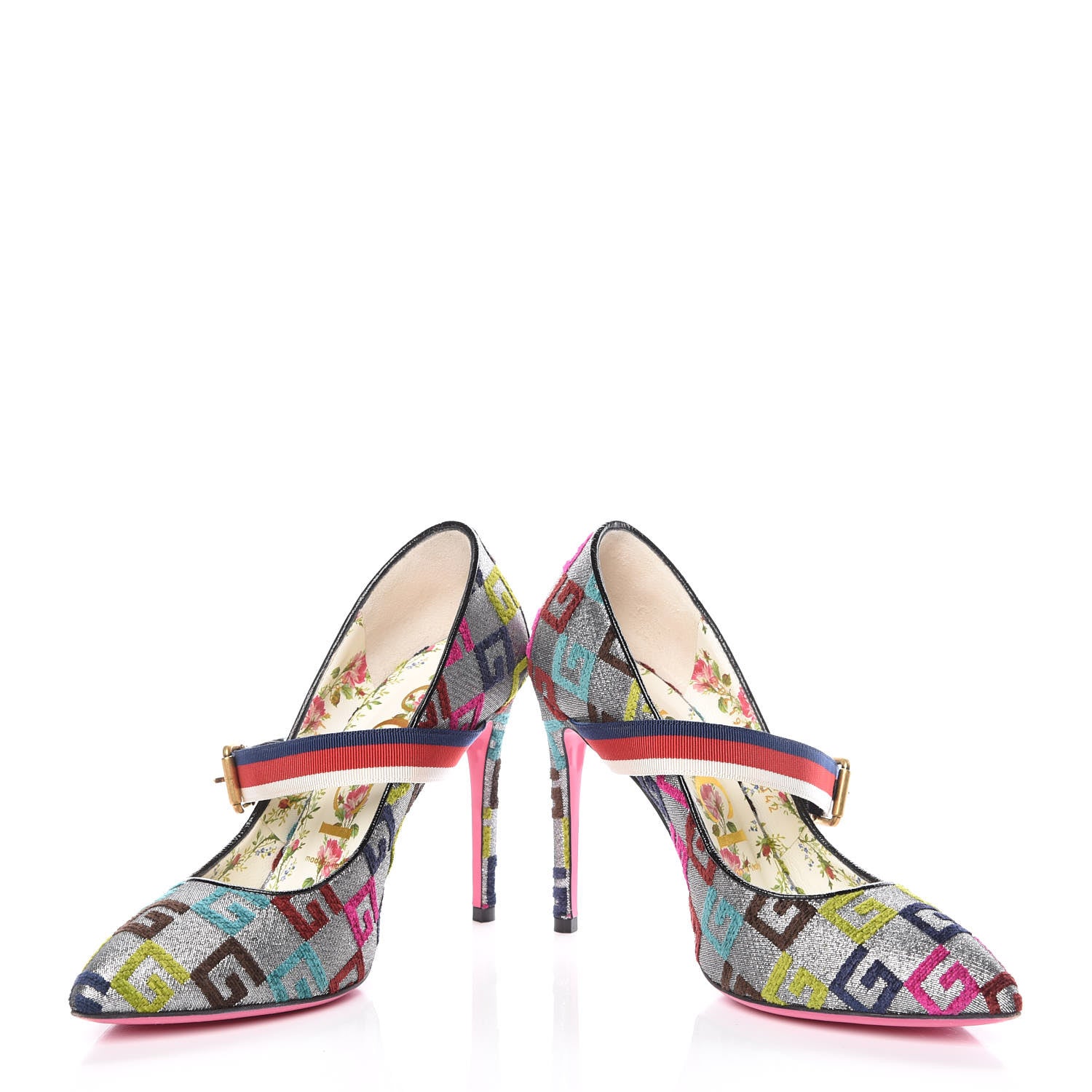 Gucci Velvet Lurex Square G Web Pumps 37.5 Silver Multicolor 6 of 14