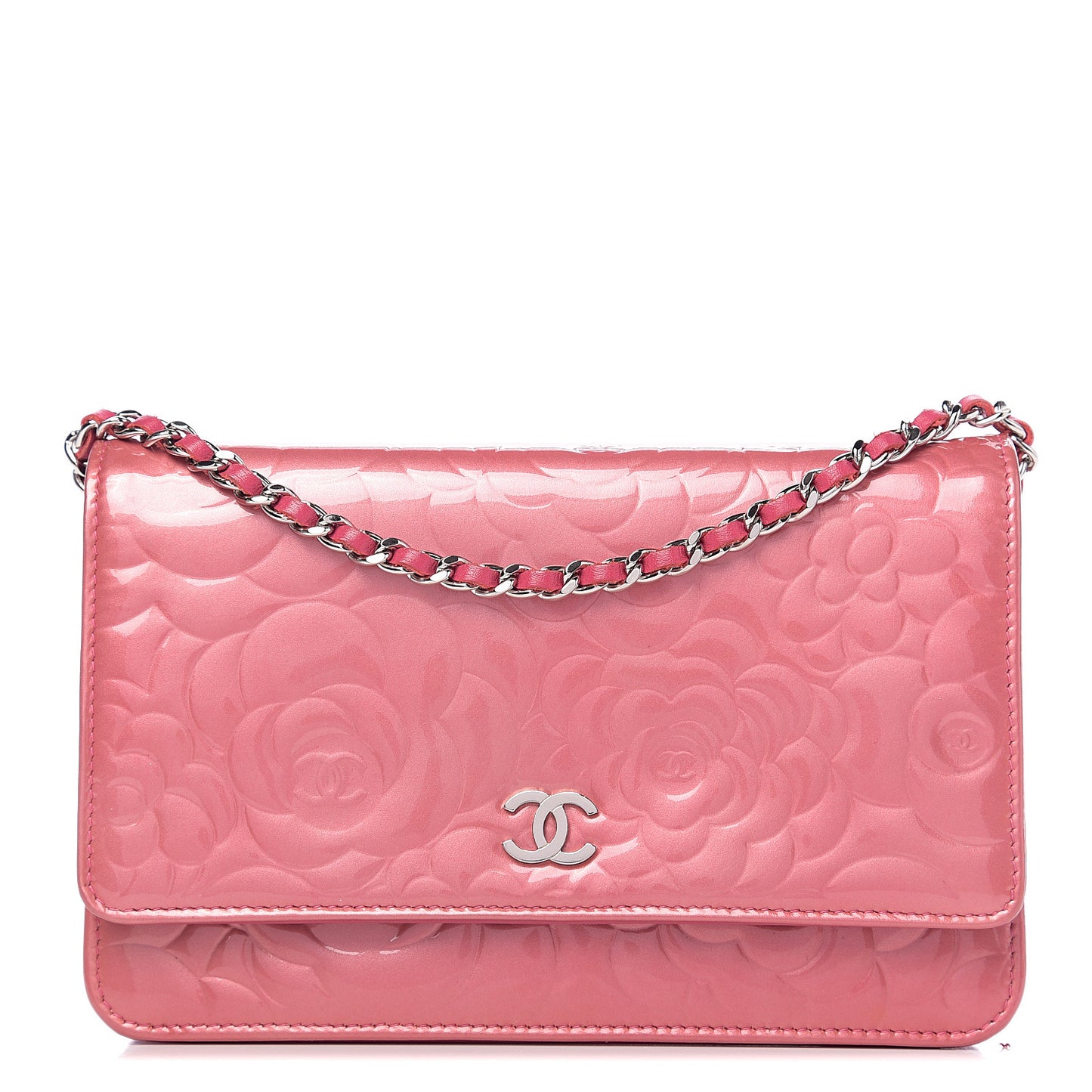 Patent Camellia Embossed Wallet on Chain WOC Rose