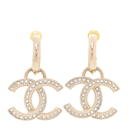 Chanel Metal Crystal Studded CC Hoop Drop Earrings Gold 1 of 4