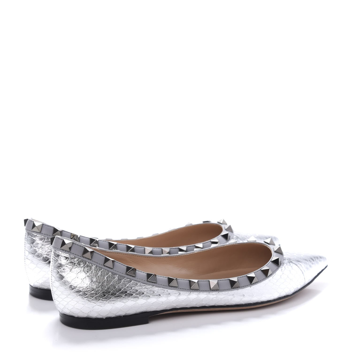 Valentino Garavani Metallic Elaphe Snakeskin Rockstud Ballerina Flats 37.5 Silver 4 of 8