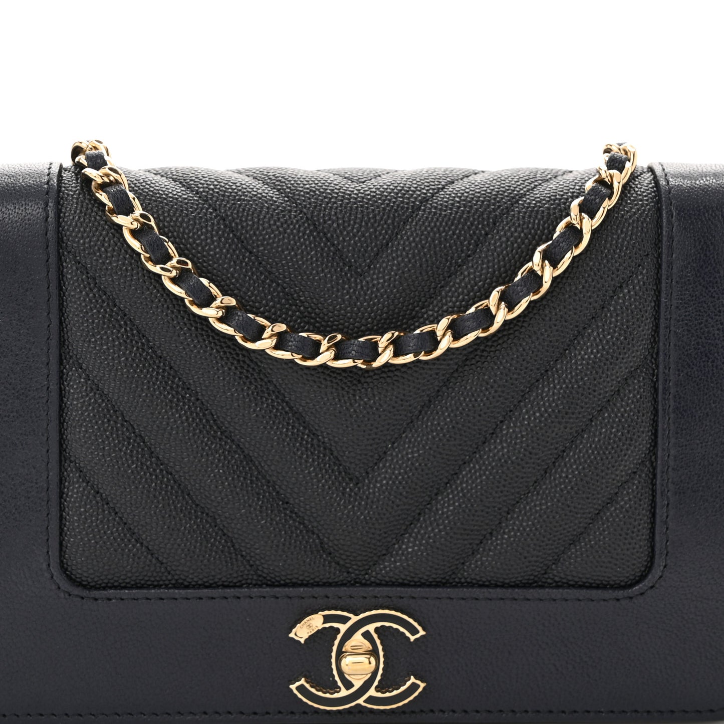 Caviar Chevron Quilted Vintage Mademoiselle Wallet On Chain WOC Navy Blue