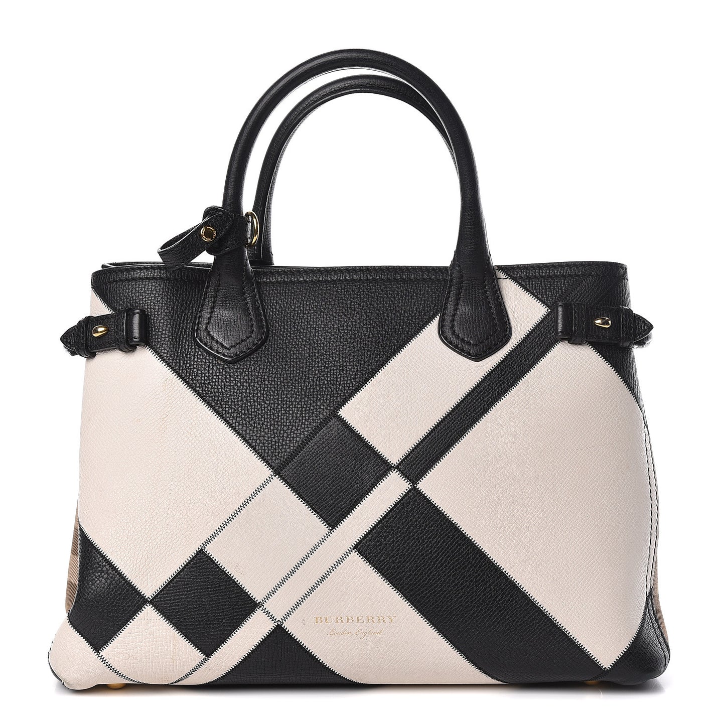 Grainy Calfskin Patchwork Medium Banner Tote Black White