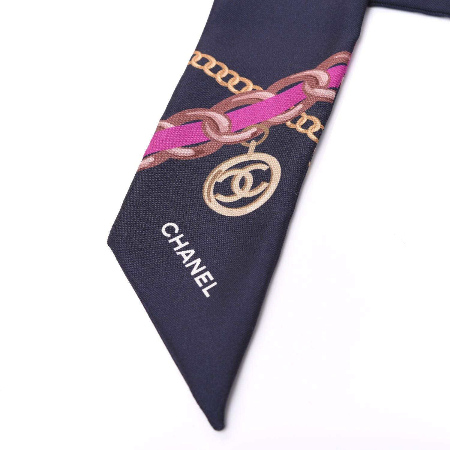 Chanel Silk Pearl CC Chain Slim Bandeau Scarf Navy Blue 2 of 4