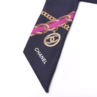 Chanel Silk Pearl CC Chain Slim Bandeau Scarf Navy Blue 2 of 4