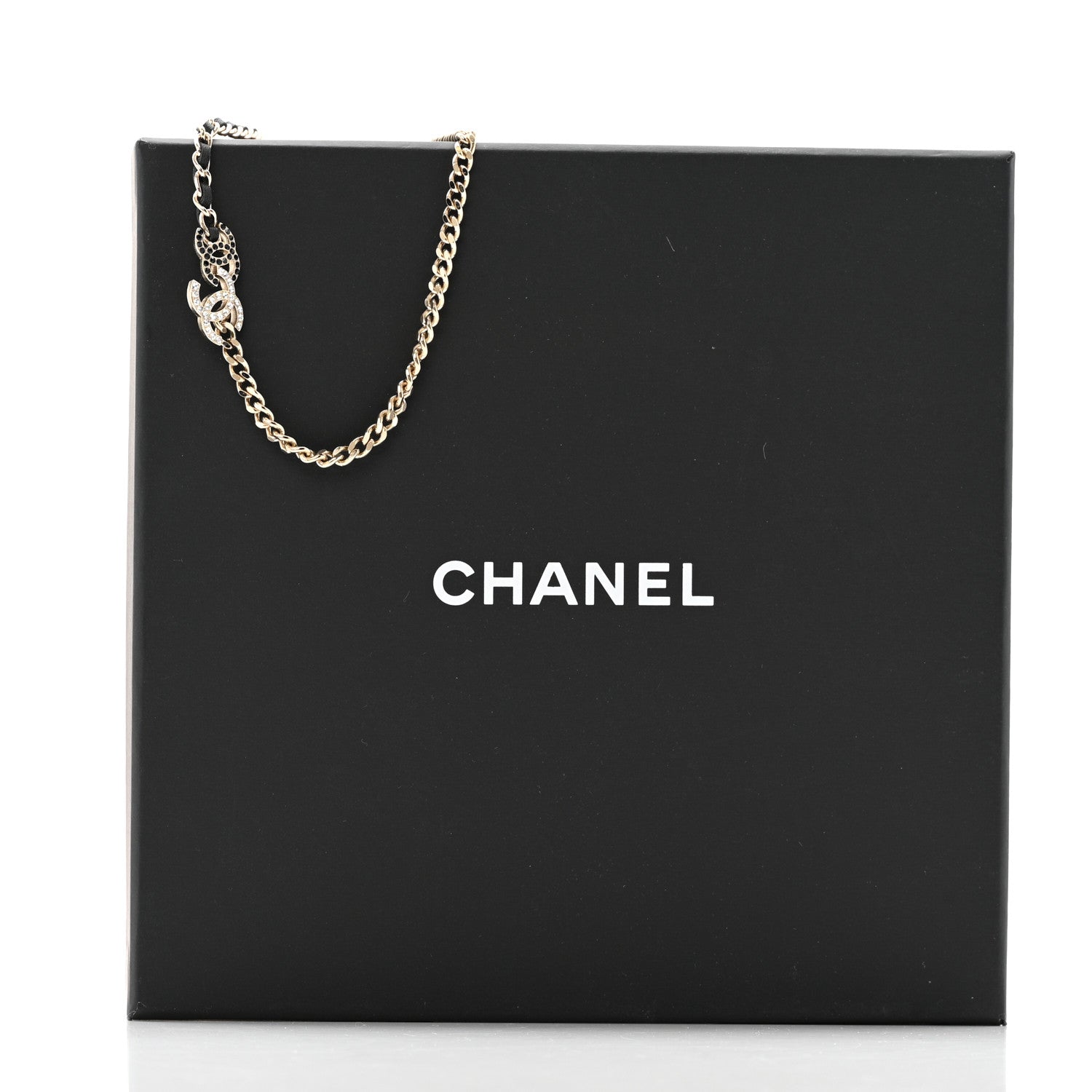 Chanel Metal Calfskin Crystal Double CC Short Necklace Black Gold 6 of 6