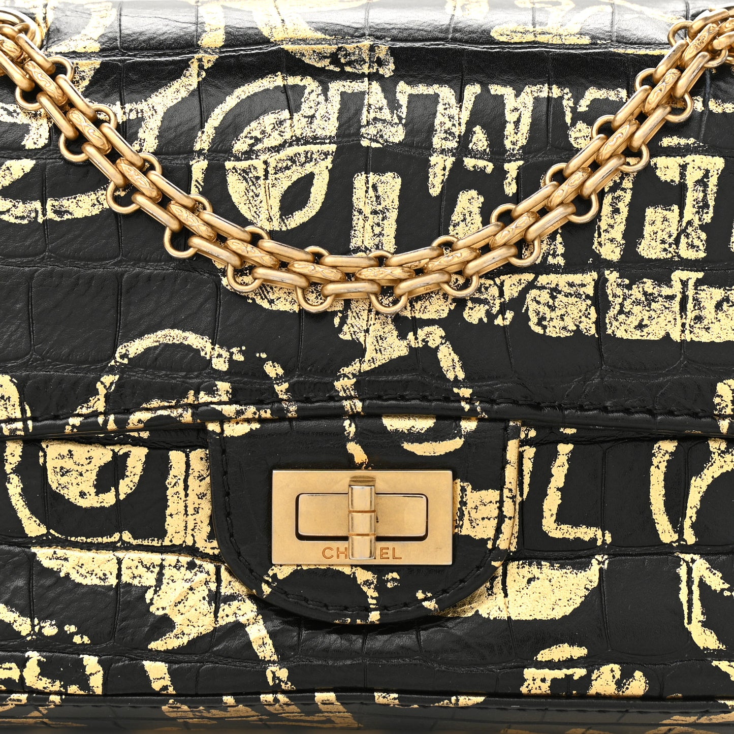 Calfskin Crocodile Embossed Graffiti 2.55 Mini Cocodile Reissue Flap Black Gold