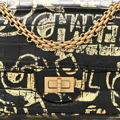 Chanel Calfskin Crocodile Embossed Graffiti 2.55 Mini Cocodile Reissue Flap Black Gold 8 of 11