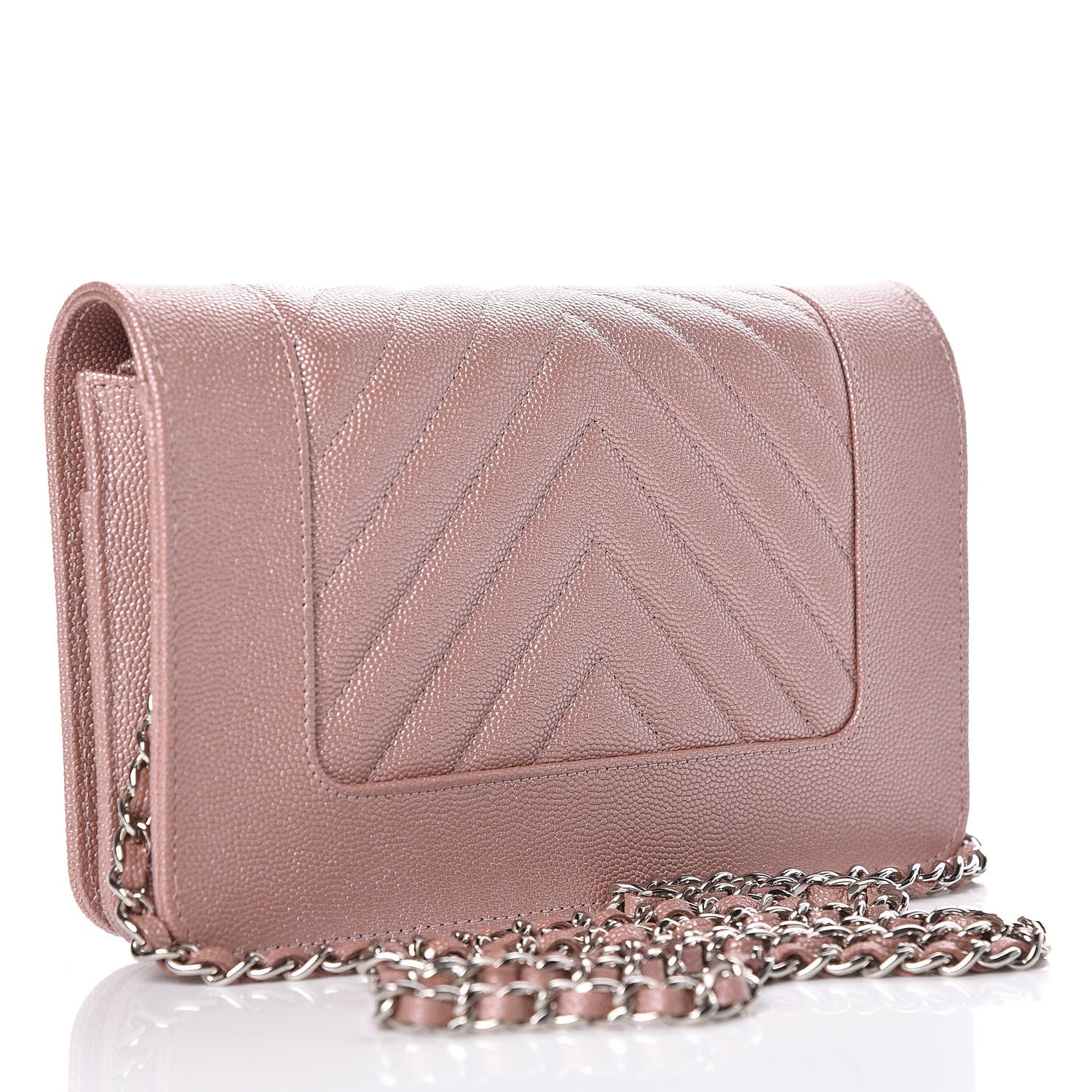 Chanel Metallic Caviar Chevron Quilted Vintage Mademoiselle Wallet On Chain WOC Pink 3 of 11