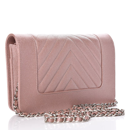 Chanel Metallic Caviar Chevron Quilted Vintage Mademoiselle Wallet On Chain WOC Pink 3 of 11