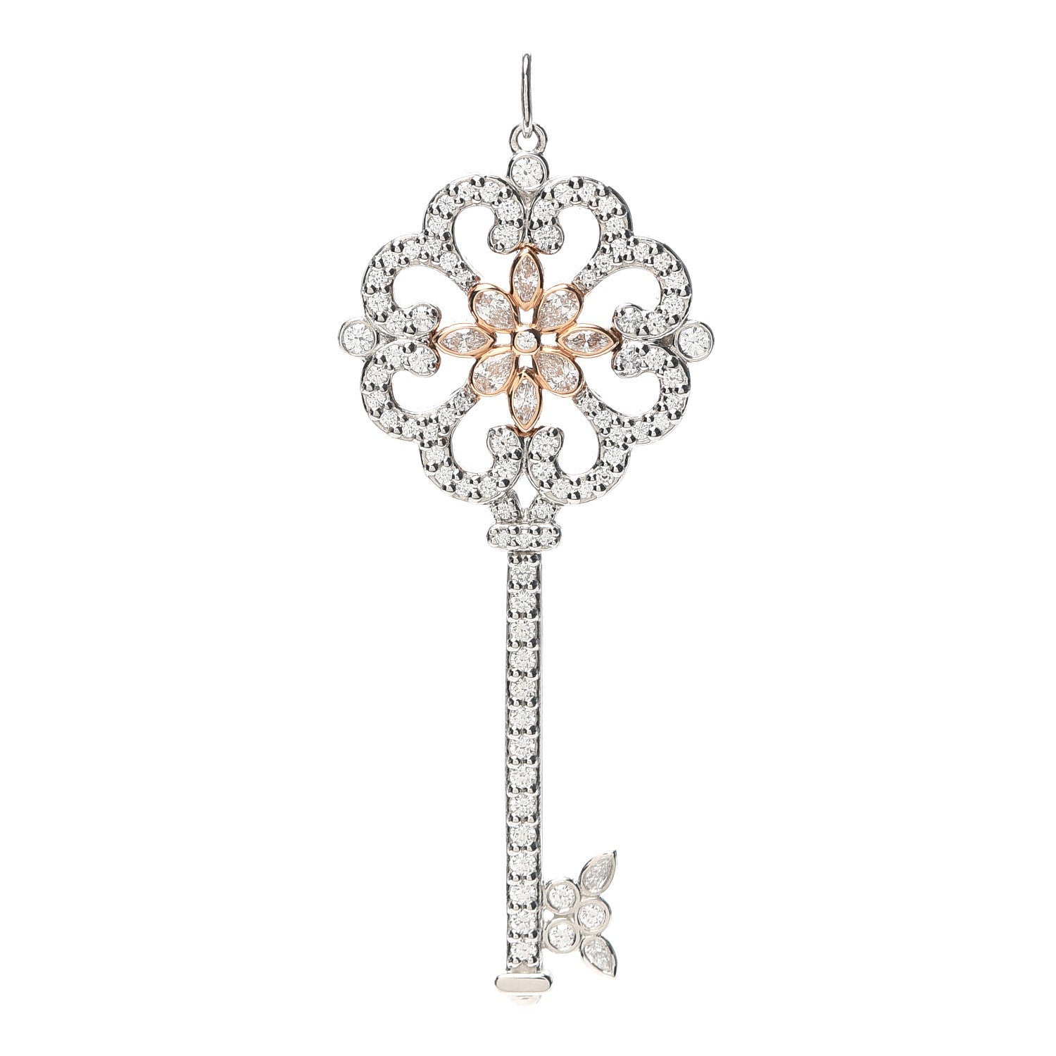 Tiffany Platinum 18K Rose Gold Diamond Enchant Primrose Key Pendant 1 of 5
