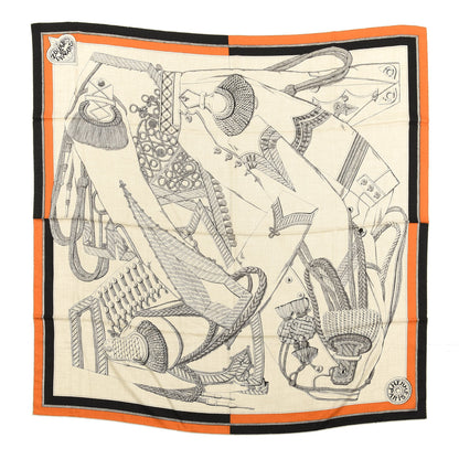Hermes Cashmere Silk Zouaves Et Dragons Shawl 140 Naturel Orange Black 1 of 3