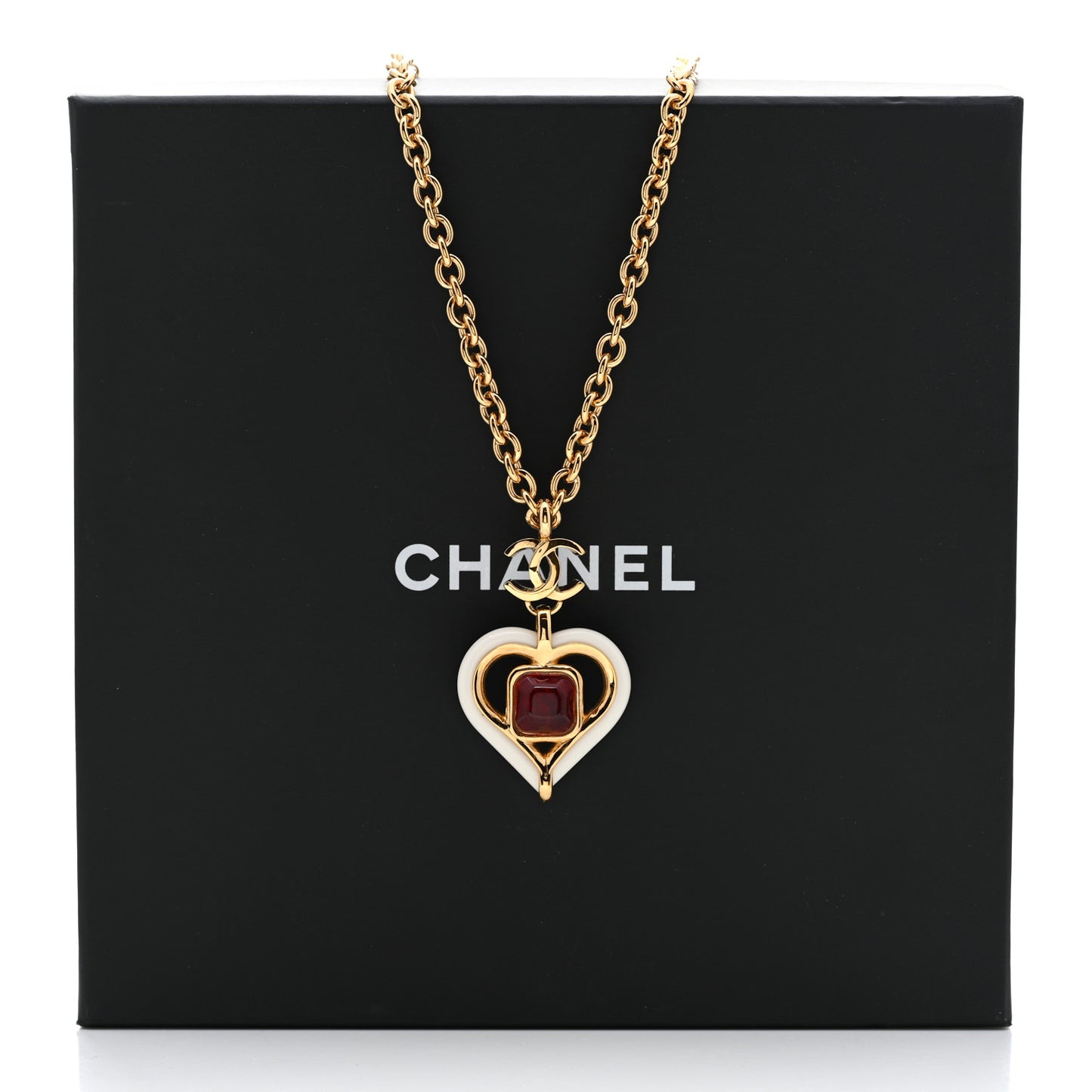 Resin Crystal Heart CC Pendant Necklace Red White Gold