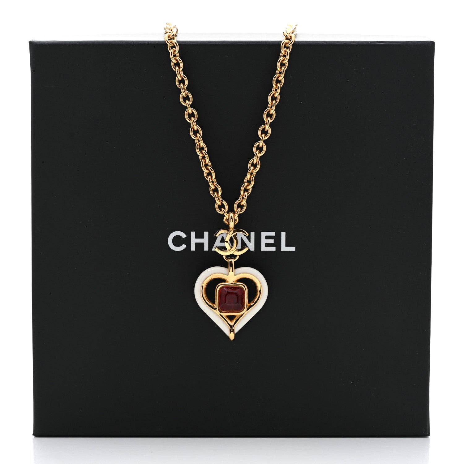 Chanel Resin Crystal Heart CC Pendant Necklace Red White Gold 5 of 5