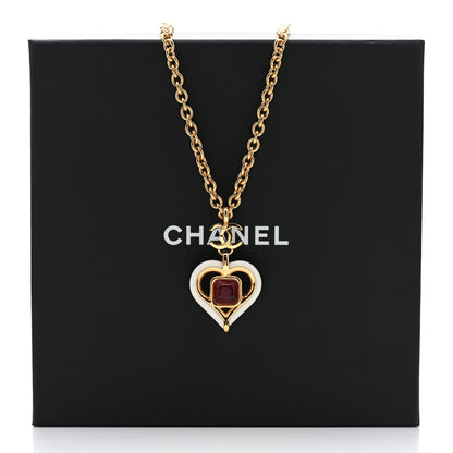 Chanel Resin Crystal Heart CC Pendant Necklace Red White Gold 5 of 5