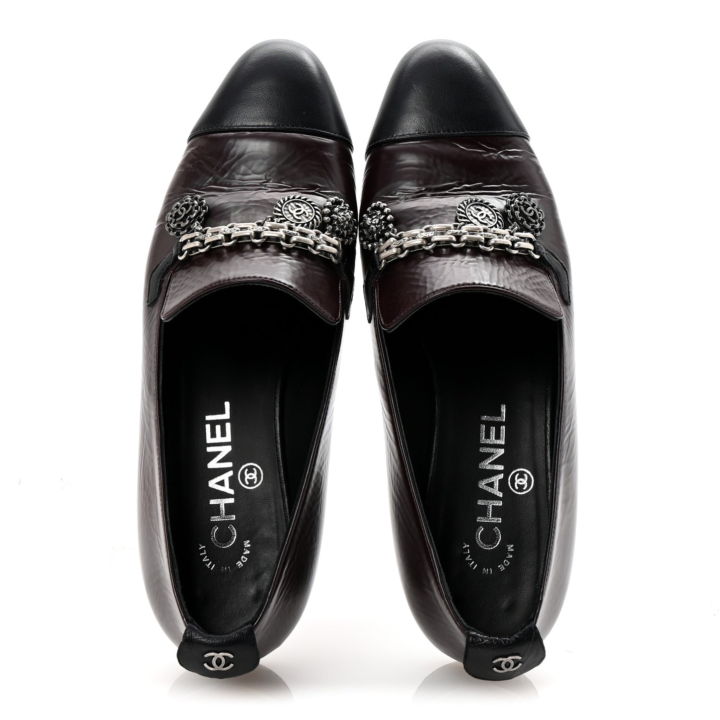 Crackled Goatskin Lambskin Cap Toe CC Charm Loafers 36 Dark Burgundy Navy