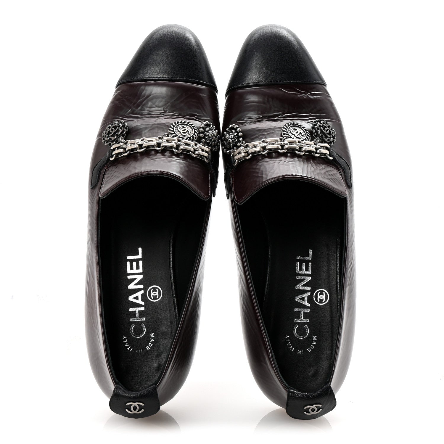 Chanel Crackled Goatskin Lambskin Cap Toe CC Charm Loafers 36 Dark Burgundy Navy 2 of 9