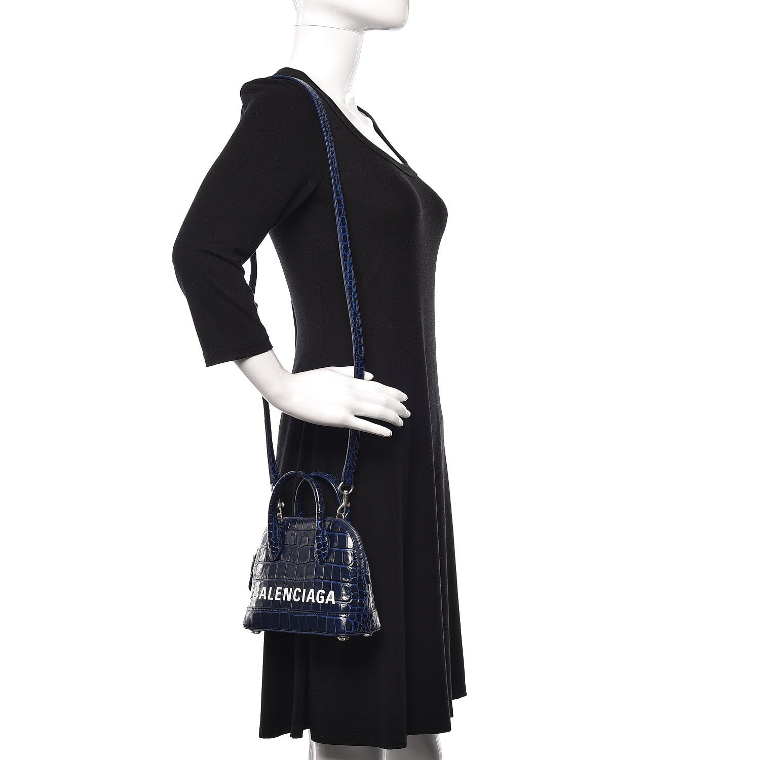 Balenciaga Shiny Calfskin Logo Crocodile Embossed XXS Ville Top Handle Bag Navy White 2 of 11