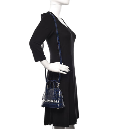 Balenciaga Shiny Calfskin Logo Crocodile Embossed XXS Ville Top Handle Bag Navy White 2 of 11