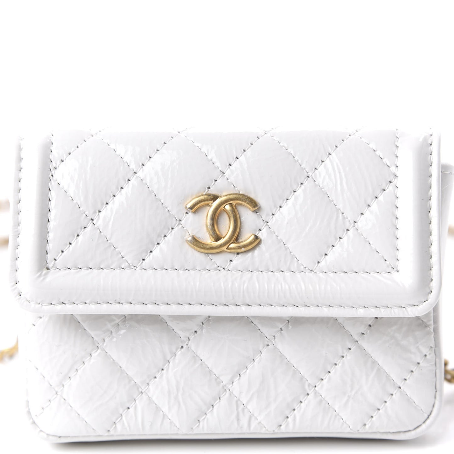 Shiny Aged Calfskin Quilted Waist Belt Bag White