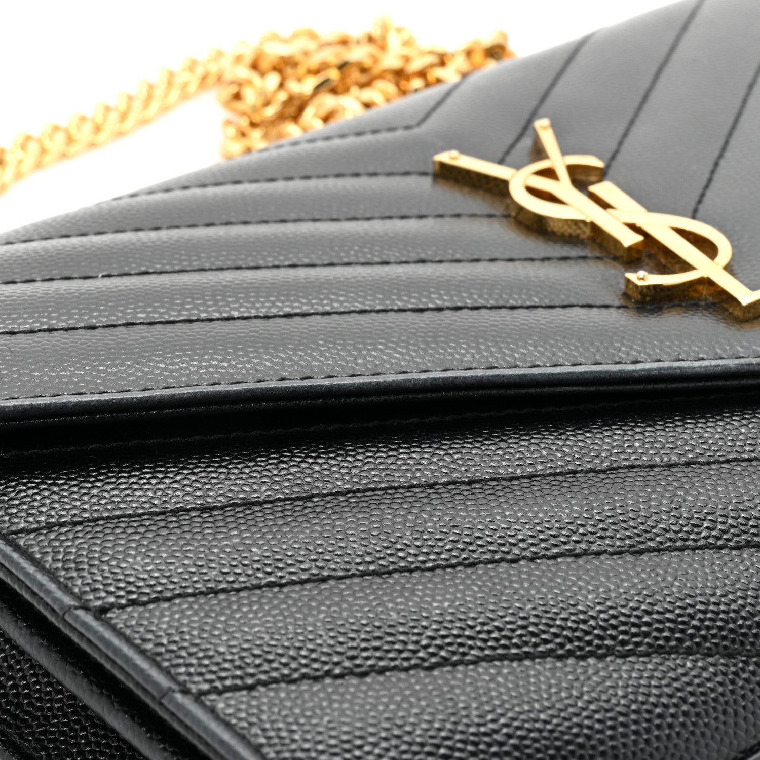 Saint Laurent Grain De Poudre Matelasse Chevron Monogram Chain Wallet Black 14 of 17