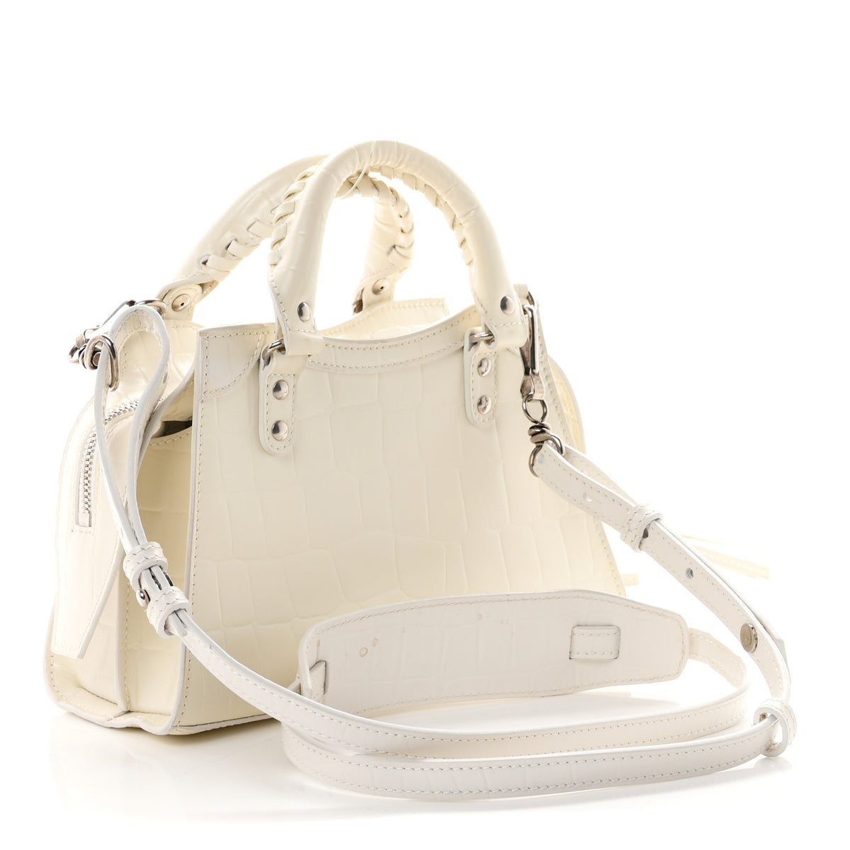 Semi Shiny Calfskin Crocodile Embossed Neo Classic Silver Hardware Mini City White