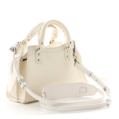 Balenciaga Semi Shiny Calfskin Crocodile Embossed Neo Classic Silver Hardware Mini City White 3 of 9