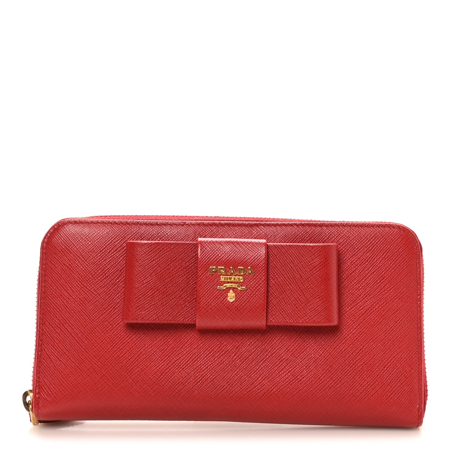 Prada Saffiano Fiocco Bow Zip Around Wallet Fuoco 1 of 8