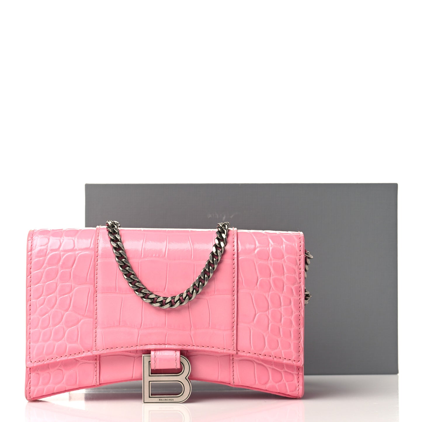 Shiny Calfskin Crocodile Embossed Hourglass Chain Bag Sweet Pink