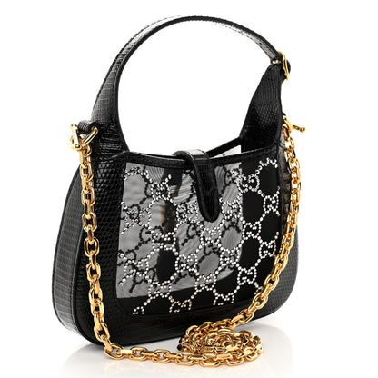Gucci Lizard Mesh Crystal GG Monogram Mini Jackie 1961 Hobo Black 3 of 10