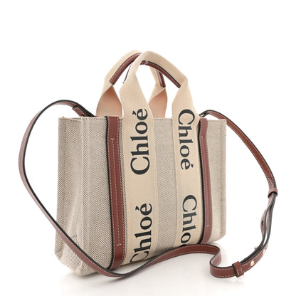 Chloe Cotton Calfskin Small Woody Ribbon Tote With Strap White Brown 3 of 12