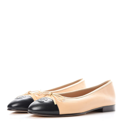 Chanel Lambskin Cap Toe Ballerina Flats 38 Beige Black 3 of 10