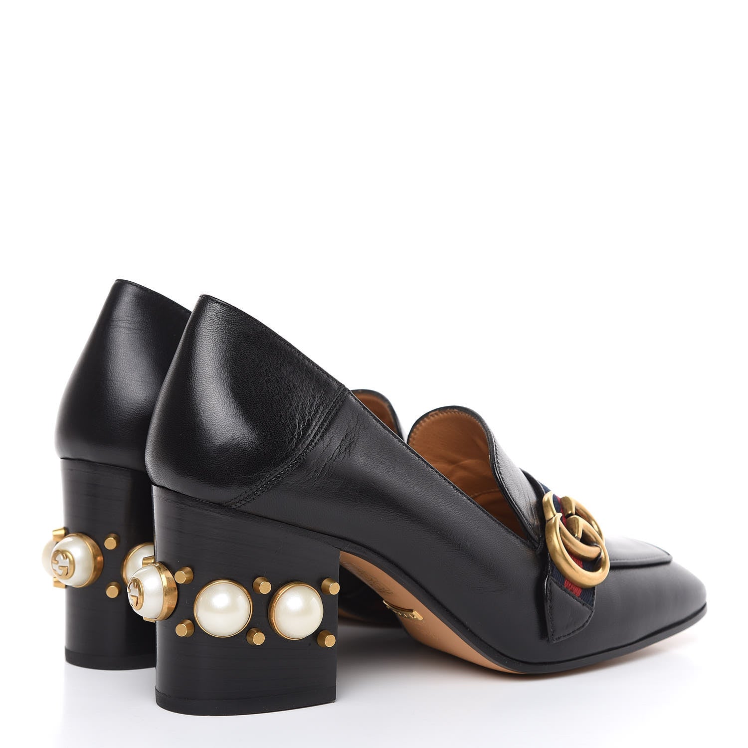 Gucci Malaga Kid Web Pearl Embellished Peyton 75mm Loafer Pumps 38.5 Black 4 of 10