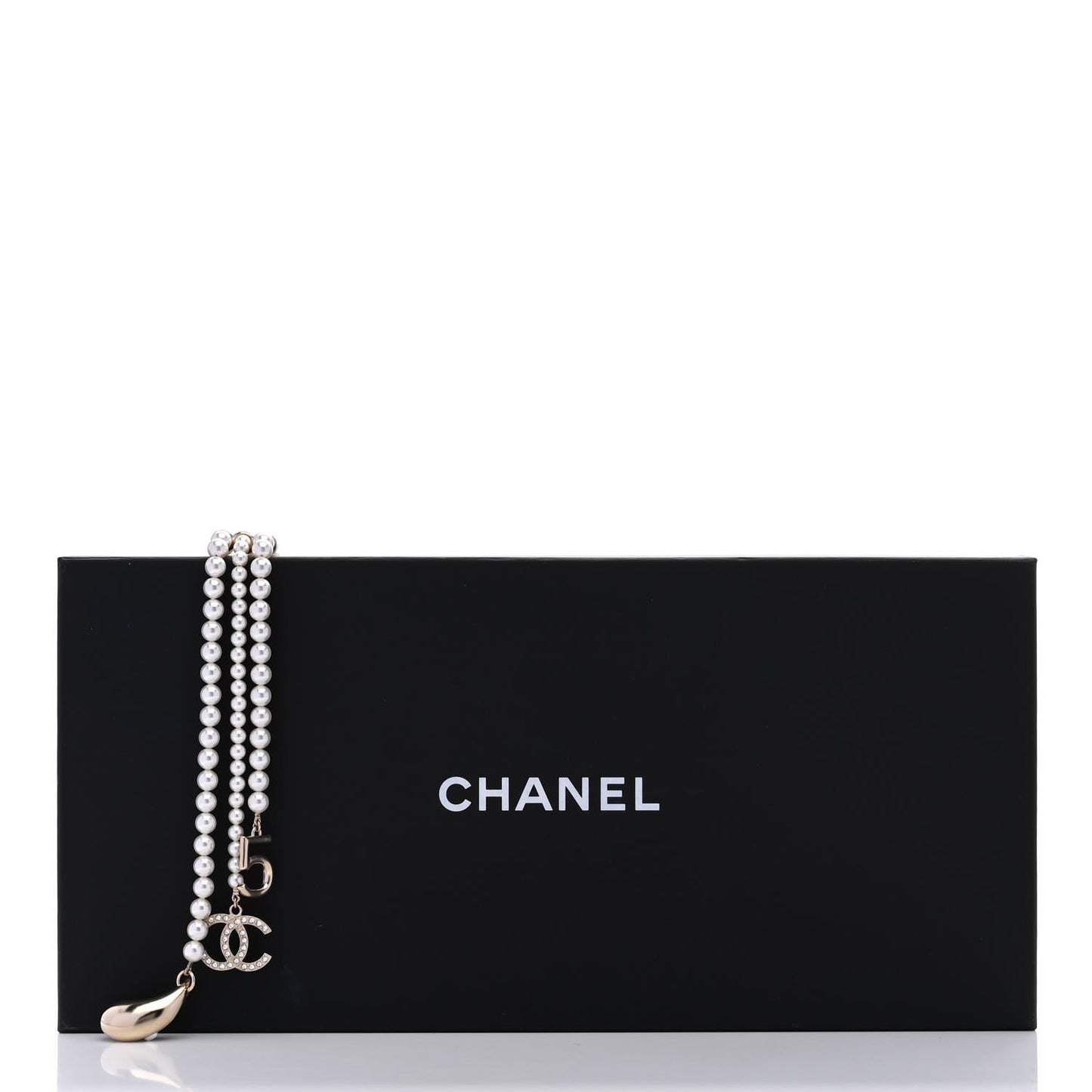 Pearl Beaded CC Charm Drop Multi Strand Lariat Necklace Pearly White Gold