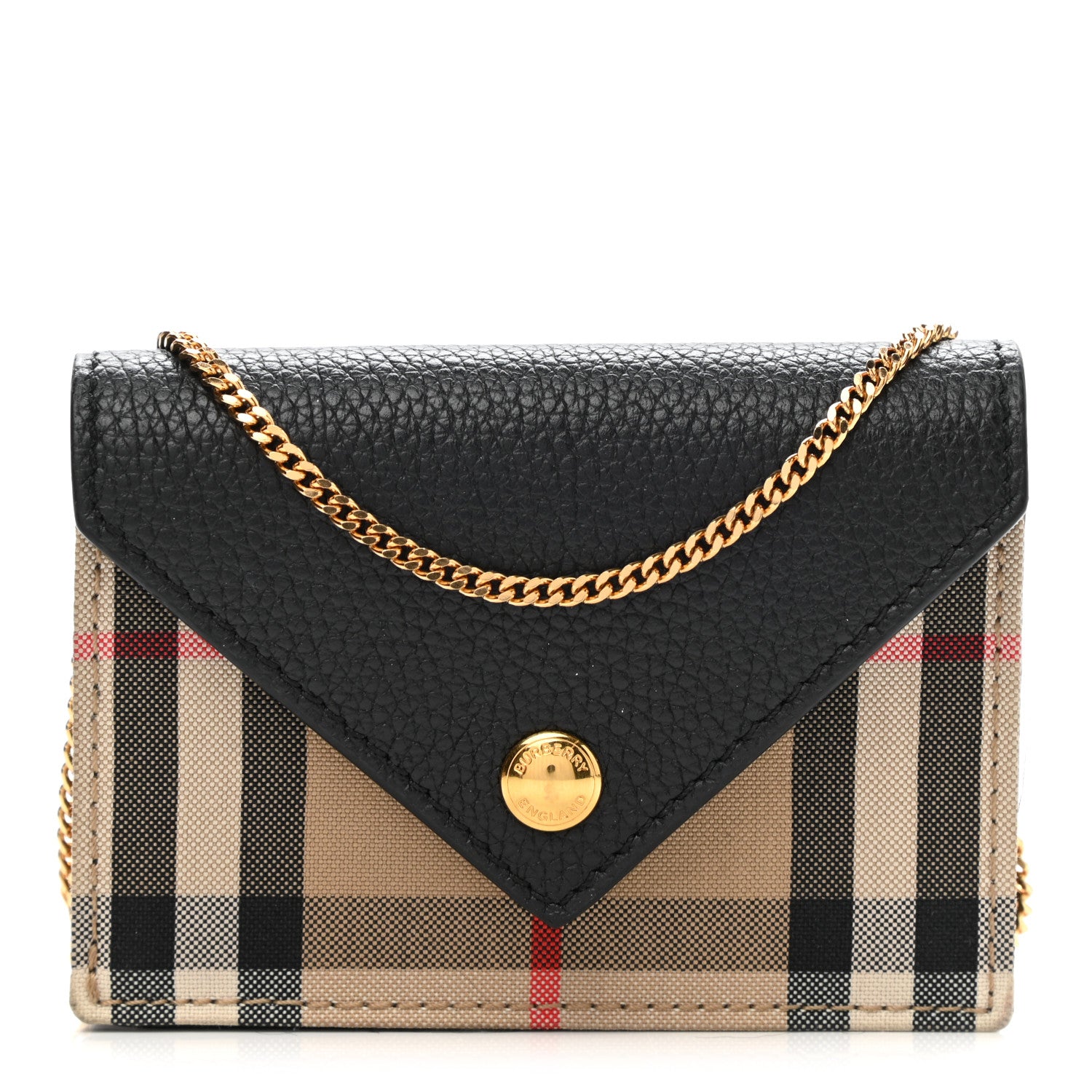 Burberry Grainy Calfskin Vintage Check Jade Card Case On Chain Black 1 of 9