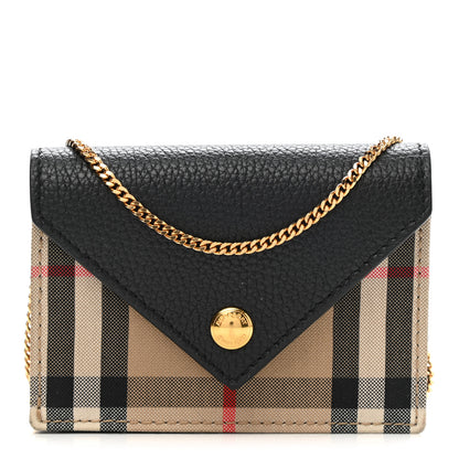 Burberry Grainy Calfskin Vintage Check Jade Card Case On Chain Black 1 of 9