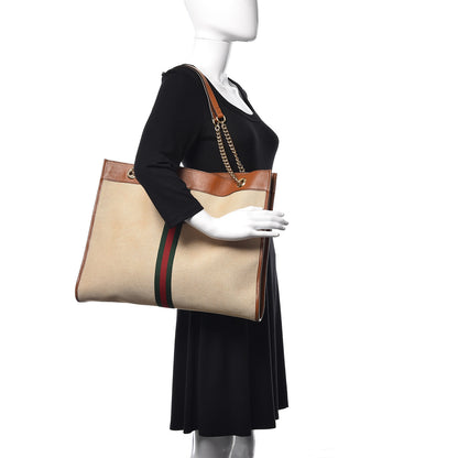 Gucci Vintage Canvas Calfskin Web Large Rajah Chain Tote Sand Light Cuir 2 of 12