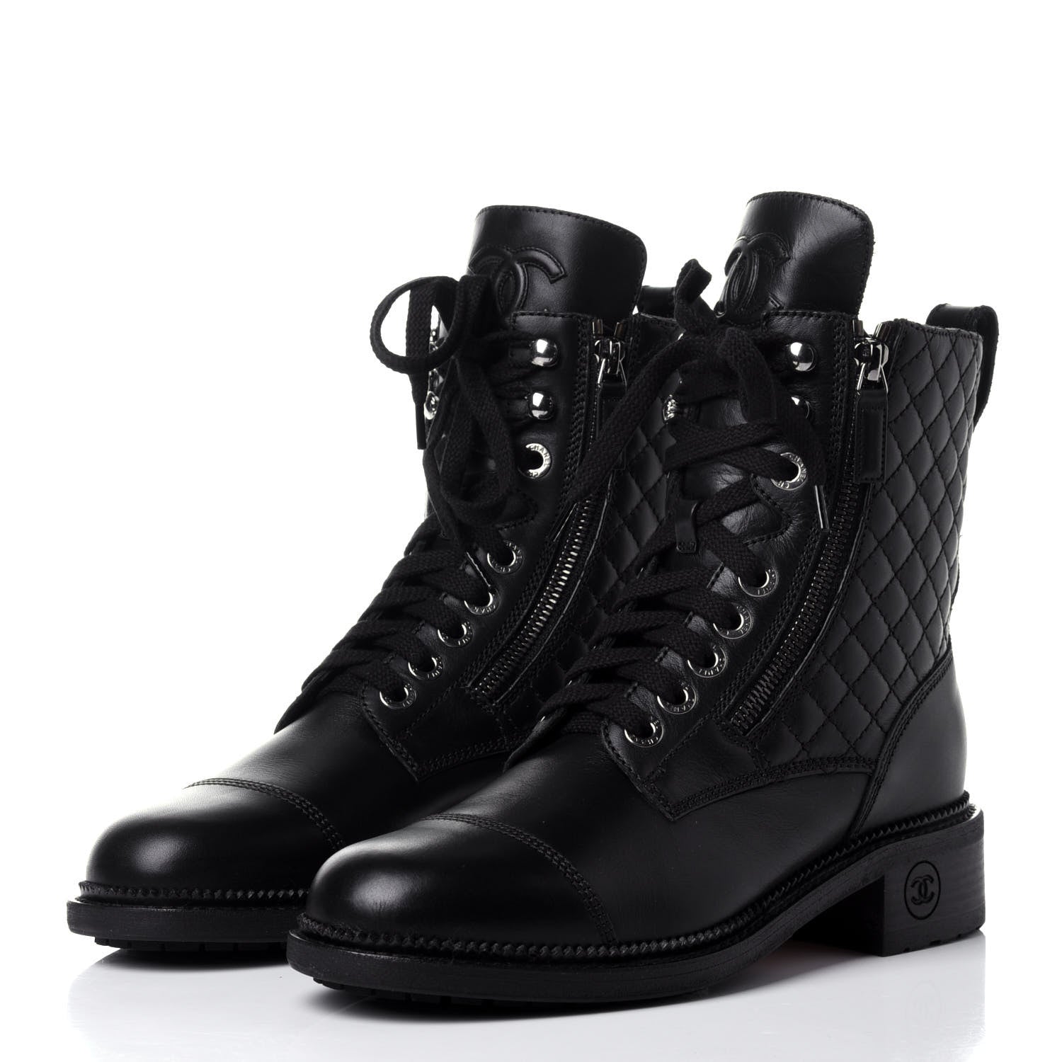 Chanel Calfskin Quilted Lace Up Combat Boots 38 Black 3 of 10
